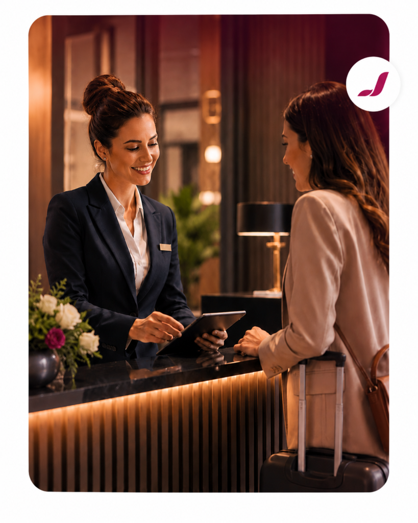 Recepcionista de hotel atendendo hóspede com profissionalismo — Jordan Assessoria Contábil especializada em hotéis e pousadas